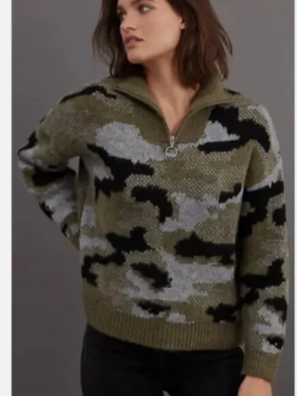 Anthropologie Ferne Quarter-ZIp Knit Pullover Sweater Top Camouflage XS